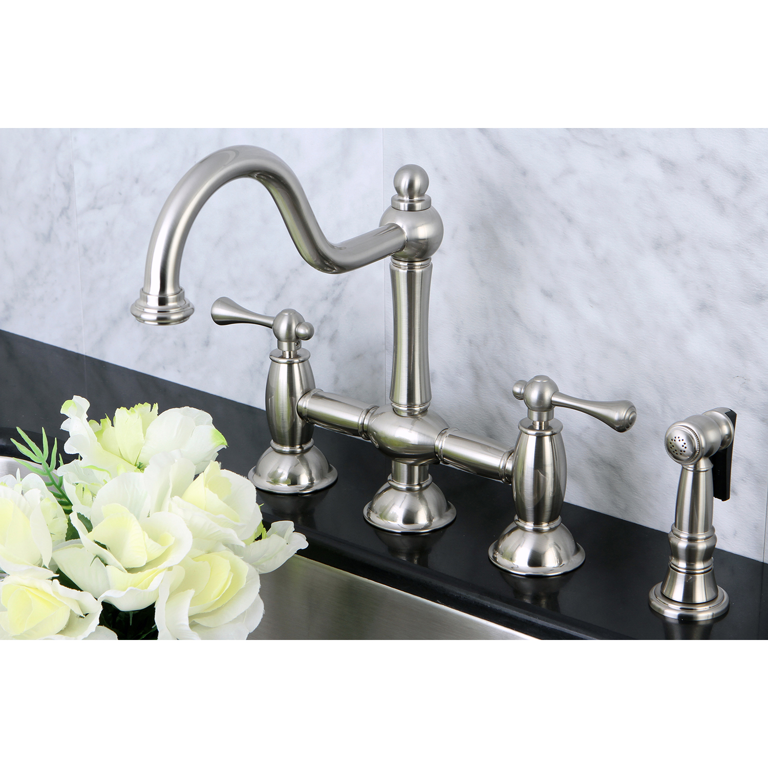 Kingston Brass KS3798BLBS Restoration Kitchen Bridge Faucet with Brass